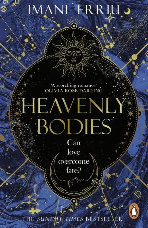De cover van het boek heavenly bodies door imani erriu toont een diepblauwe sterrenhemel met gouden hemellichamen