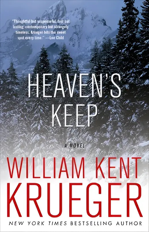 De boekcover van heaven’s keep door william kent krueger toont een besneeuwd bos en berglandschap in de o’connor mystery serie