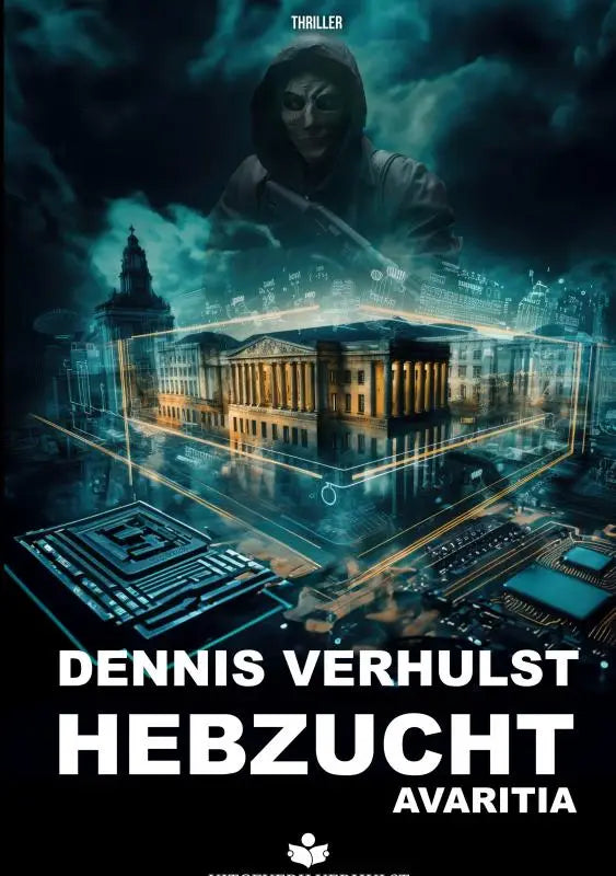 Donkere met kap en masker met geweer voor verlicht klassiek gebouw en digitale schakeling in hebzucht avaritia limited edition