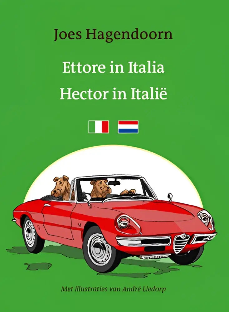 Rode cabriolet sportwagen met twee honden op de bestuurders- en passagiersstoel in hector in Italië product