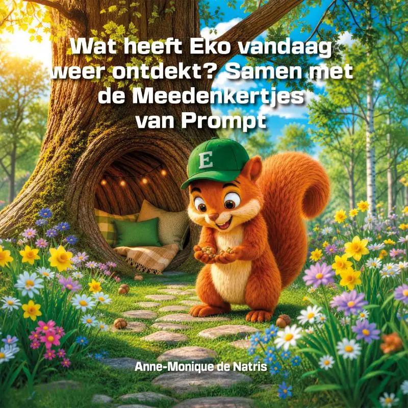 Een nederlandstalig hardback voor jonge lezers met een vrolijke oranje witte eekhoorn in een bloemenweide
