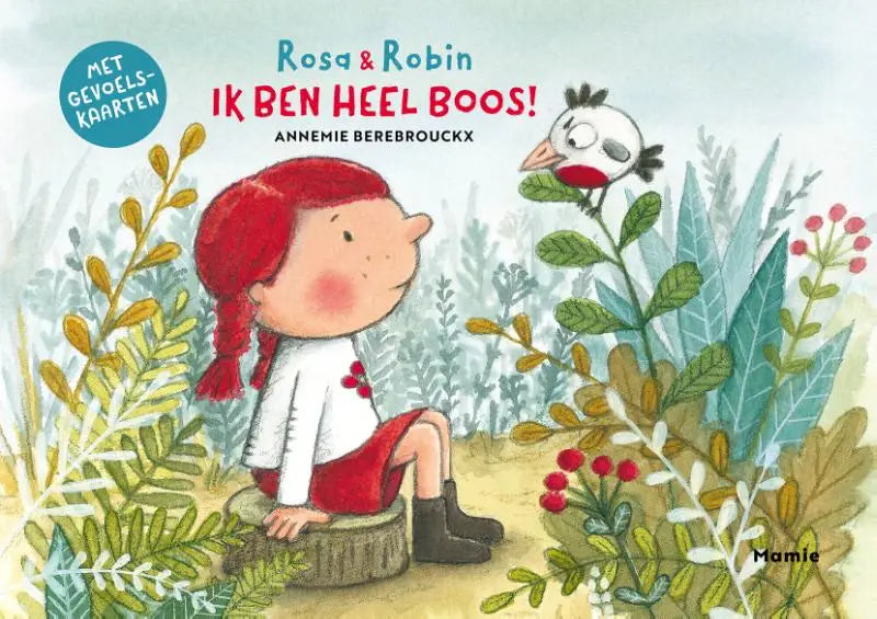 Achterkant van een kinderboek ik ben heel boos met een roodharig meisje in wit shirt en rood short op een boomstronk