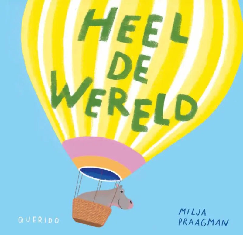 Een vrolijke gele heteluchtballon met witte strepen en een kleurrijk mandje met een grijze nijlpaard voor jonge lezers heel de wereld