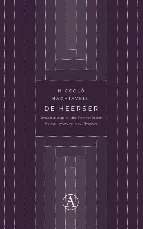 Donkere paarse boekomslag met geometrische witte gestipte lijnen en tekst in modern lettertype voor vertaalde literaire roman de heerser van niccolò machiavelli