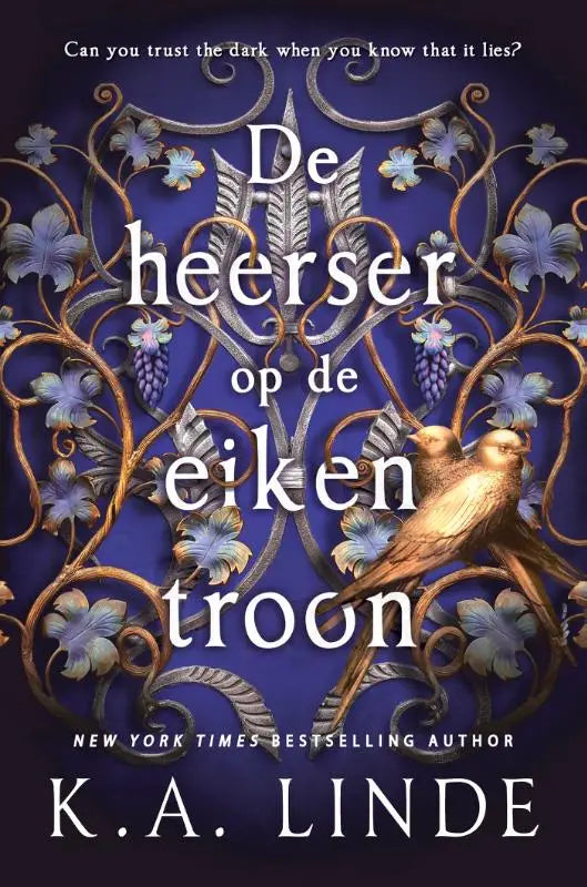 De heerser op de eiken troon boekcover met zilveren en gouden filigrain, paarse bloemen en gouden vogels op blauw