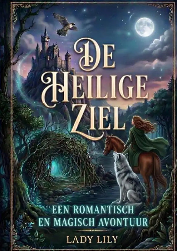De boekcover van de heilige ziel toont een magisch avontuur met gouden letters en een kasteel bij maanlicht