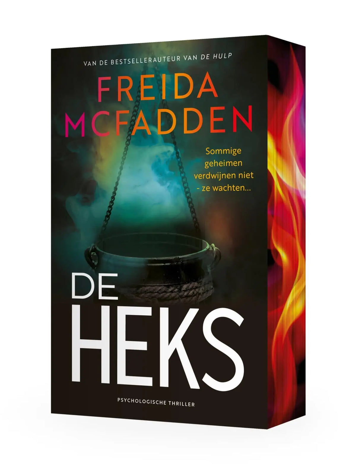 Zwart boekomslag van de heks met hangende ketel en vurige oranje en rode vlammen door freida mcfadden