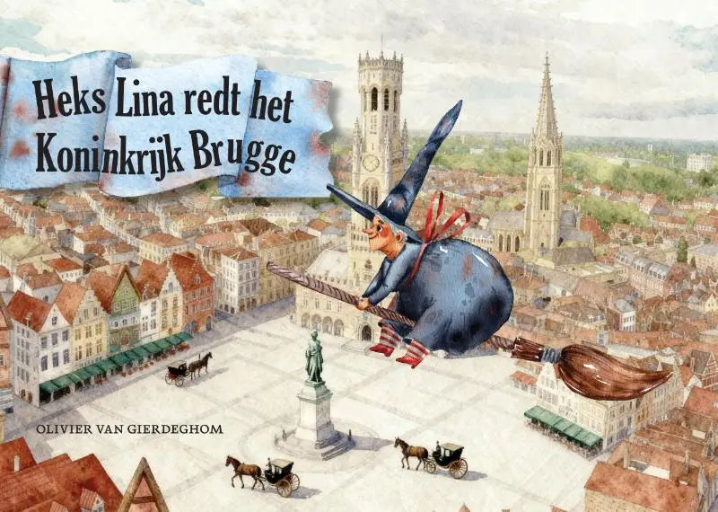 Whimsische illustratie van heks lina in blauw met zwarte hoed vliegend op bezem boven het koninkrijk bruges
