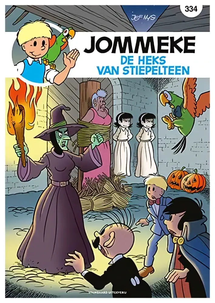 De cover van de jommeke strip de heks van stiepelteen toont een heks in paarse mantel met fakkel door jef nys en kristof berte