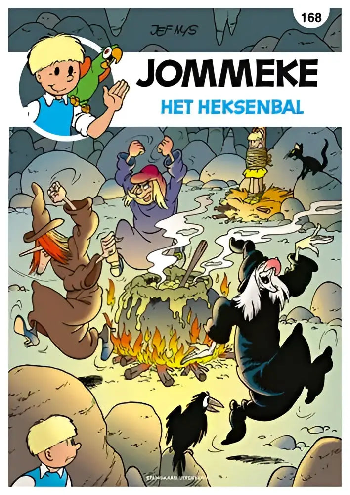 De cover van het stripboek jommeke het heksenbal van jef ims met middeleeuwse personages en een heksenketel