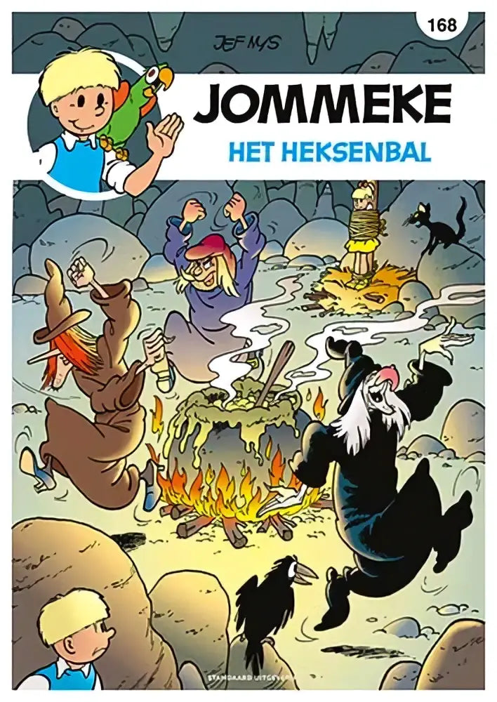 De cover van de comic jommeke het heksenbal door jef ims met middeleeuwse kostuums en een heksenketel, strips algemeen
