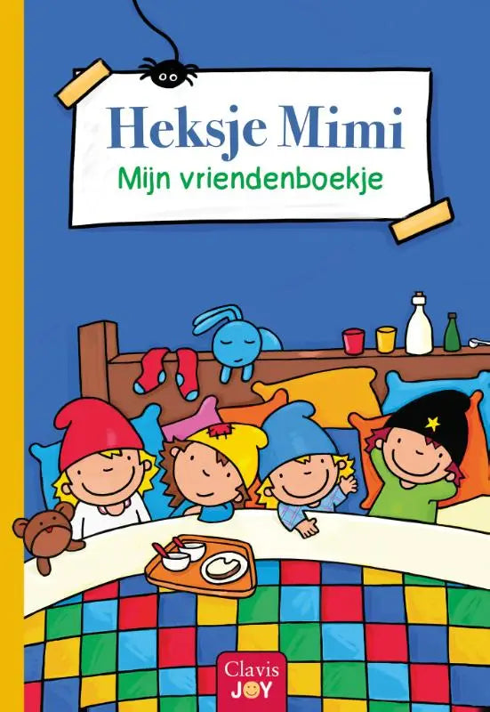 De cover van heksje mimi mijn vriendenboekje toont een kleurrijke illustratie van vier lachende kinderen onder een geruit deken, geschikt voor jonge lezers