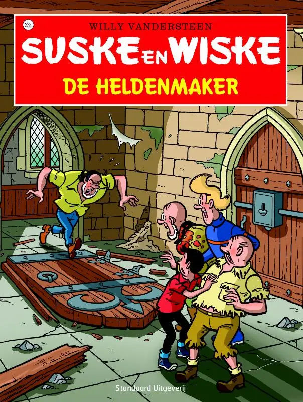De heldenmaker comic boekcover van suske en wiske door willy vandersteen met kleurrijke cartoonfiguren in middeleeuwse setting voor jonge lezers