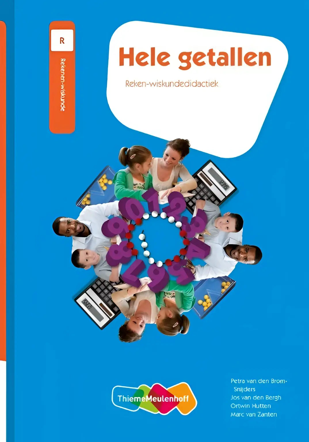 Blauw omslagen educatief leerboek hele getallen met kleurrijke illustraties van kinderen en rekenmachines rondom paarse cijfers