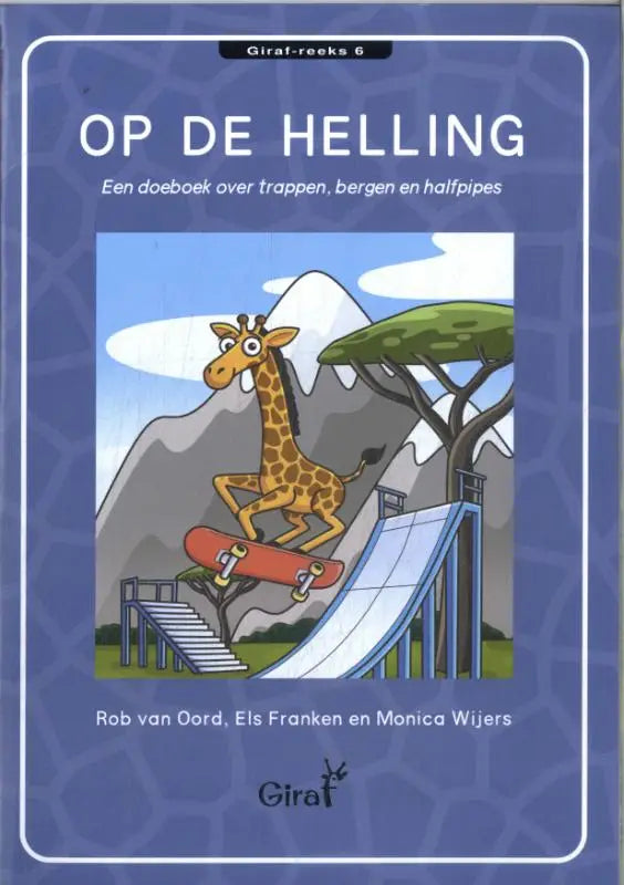 Blauw kinderboek op de helling met cartoon giraffe op skateboard en subtitel over trappen bergen en halfpipes