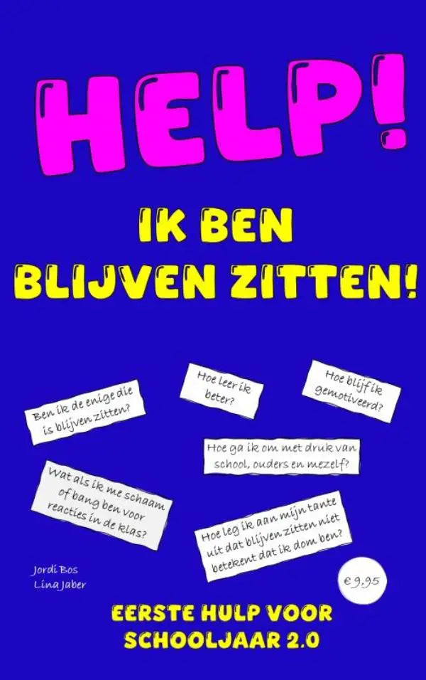 Cover van een blauw boek help ik ben blijven zitten met roze en gele tekst en witte vraagkaartjes voor blijven zitten ondersteuning