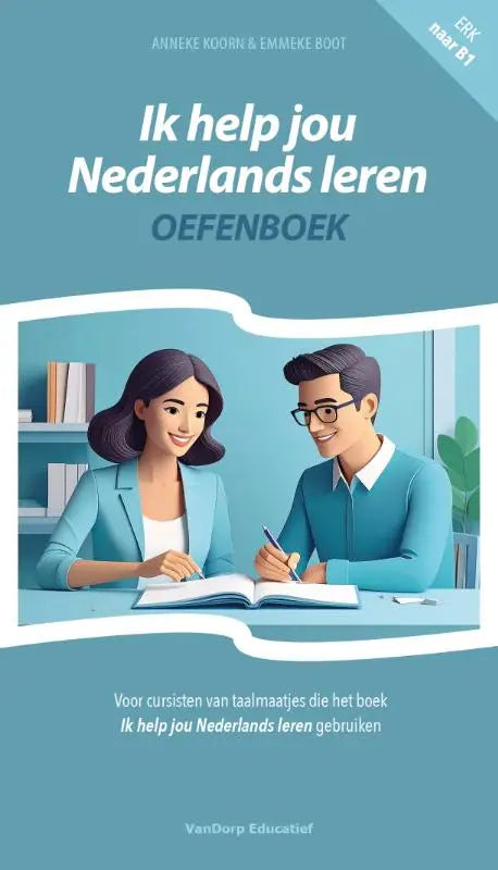 Blauwe geïllustreerde voorkant van nederlands leren oefenboek met twee lachende studenten die samen studeren
