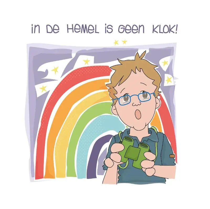 Cartoon jongen met bril die groene verrekijker vasthoudt voor jonge lezers in de hemel is geen klok product