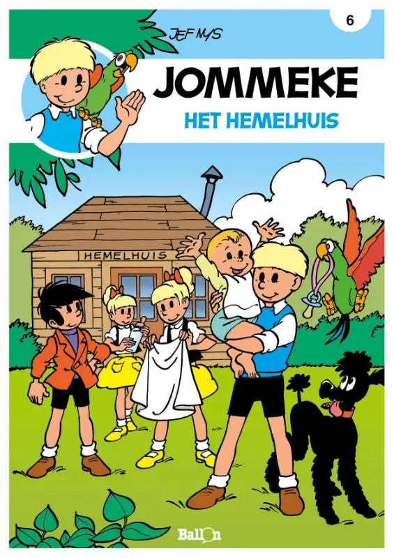 De kleurrijke cover van de jommeke strip het hemelhuis van jef mys toont kinderen en papegaaien voor een houten huis