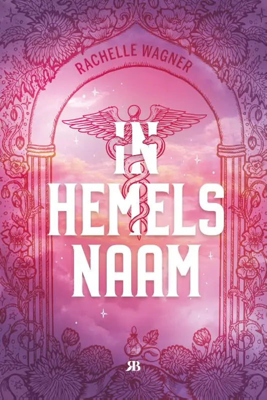 Roze en paars bloemenmotief boekomslag van hemels naam door rachelle wagner met witte gevleugelde caduceus voor jonge lezers