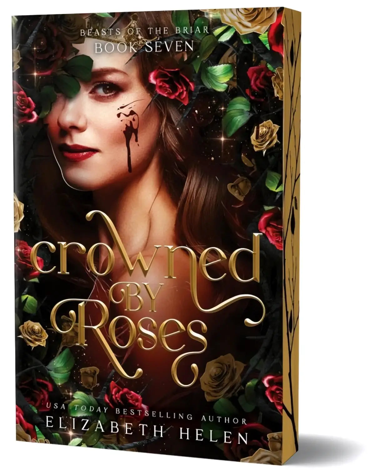 The book crowned by roses features a woman with dark hair surrounded by red gold and green roses on her dark empire special edition by elizabeth helen