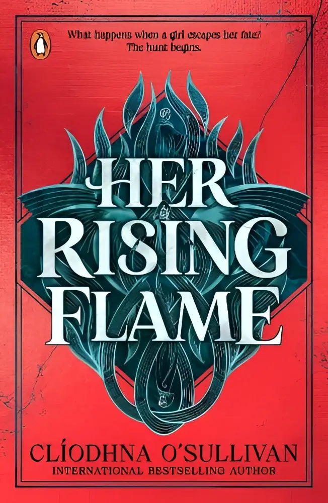 Rood hardcover boek her rising flame met een teal en zwarte vlam ontwerp door clóidhna o’sullivan