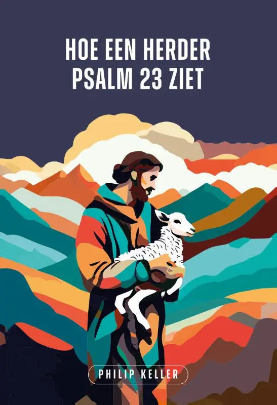 Boekomslag van hoe een herder psalm 23 ziet met een herder in kleurrijke gewaden en een lam tegen een berglandschap van ark media