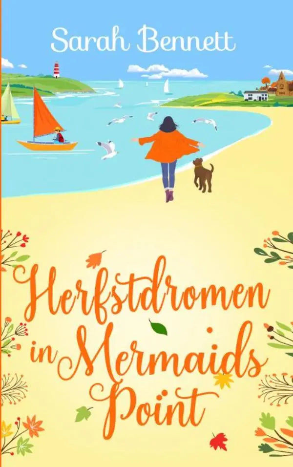 De boekcover van herfstdromen in mermaids point toont een vrouw in een oranje jas die met haar hond op het strand loopt