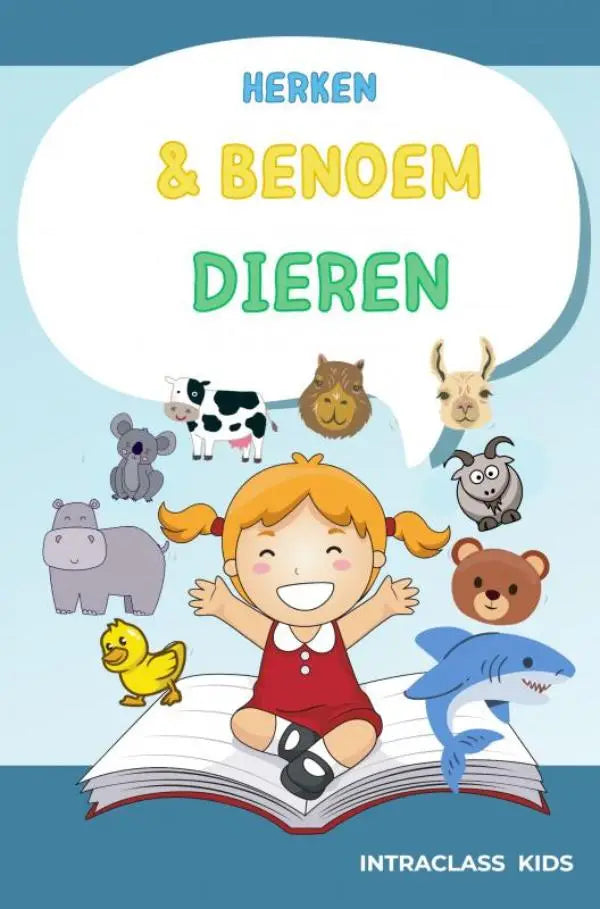Een vrolijk cartoon meisje met blonde vlechten zit op een open boek met dierenillustraties voor jonge lezers in herken en benoem dieren van een brullende leeuw tot een vrolijke zebra
