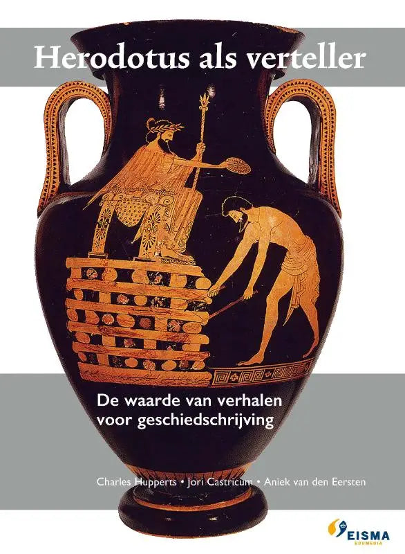 Zwarte Griekse amfoor met goudoranje geschilderde figuren en handvatten in Herodotus CE Grieks 2027 leerlingenboek