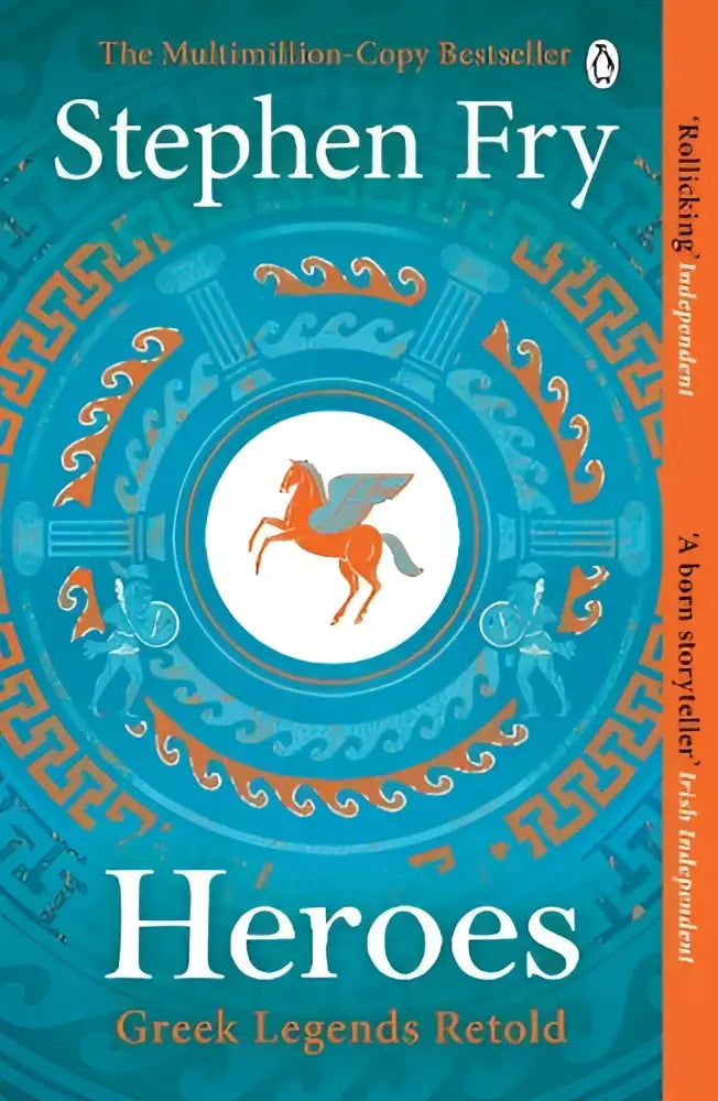 De cover van heroes griekse helden retold door stephen fry toont een oranje pegasus voor een wit cirkel met blauw goud patroon