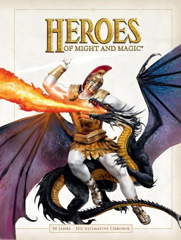 Golden-armored warrior with red helmet riding black dragon with purple wings breathing fire in might and magic ultimative chronik