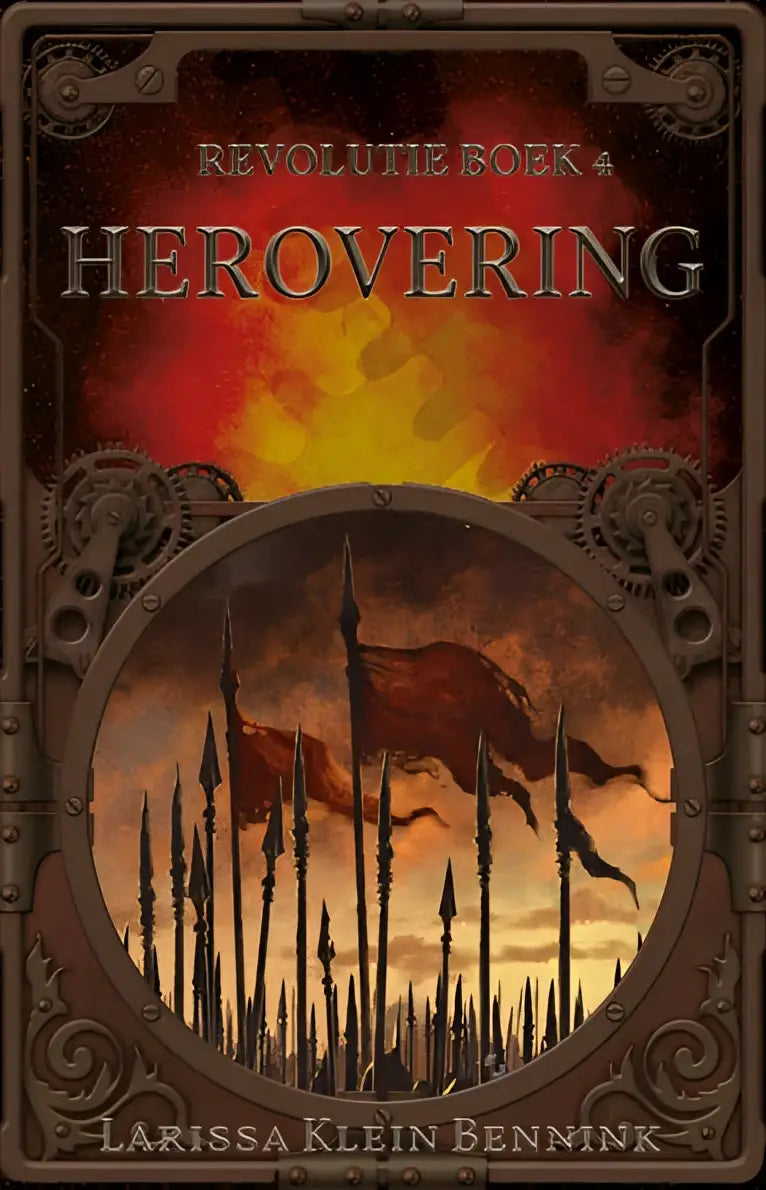 De boekcover van herovering toont een steampunk ontwerp met metalen tandwielen en een vurige oranje rode lucht achtergrond