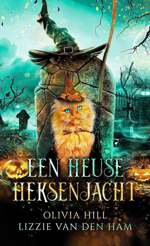 Een heuse heksenjacht met een pluizige oranje kat in heksenhoed bij grafsteen en halloween decoratie