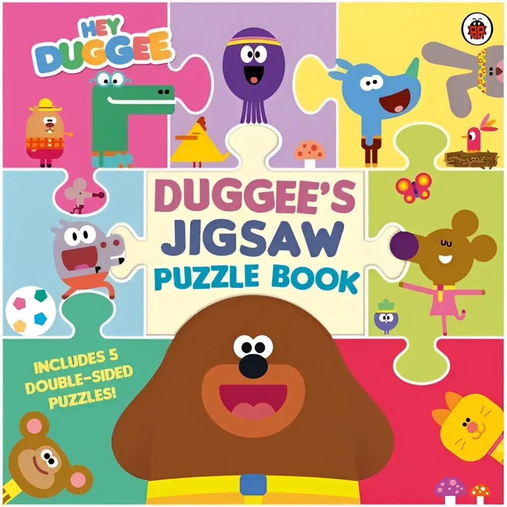 Brown dog character with big eyes and wide smile wearing yellow pants on hey duggee duggees jigsaw bbc children’s books product