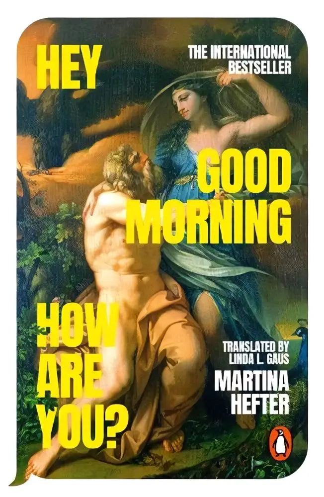 Het boek hey good morning how are you door martina hefter toont gele tekst op klassieke achtergrond