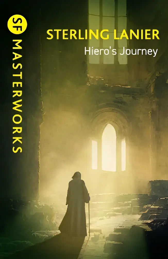 Boekcover van sterling lanier’s hiero’s journey met een silhouet van een gewaadde figuur bij een gouden stenen boog