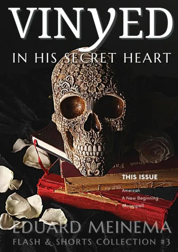 Een zijdelings uitgehakte roomwitte suiker schedel met bloemmotieven en donkere holle ogen bovenop gestapelde boeken uit his secret heart