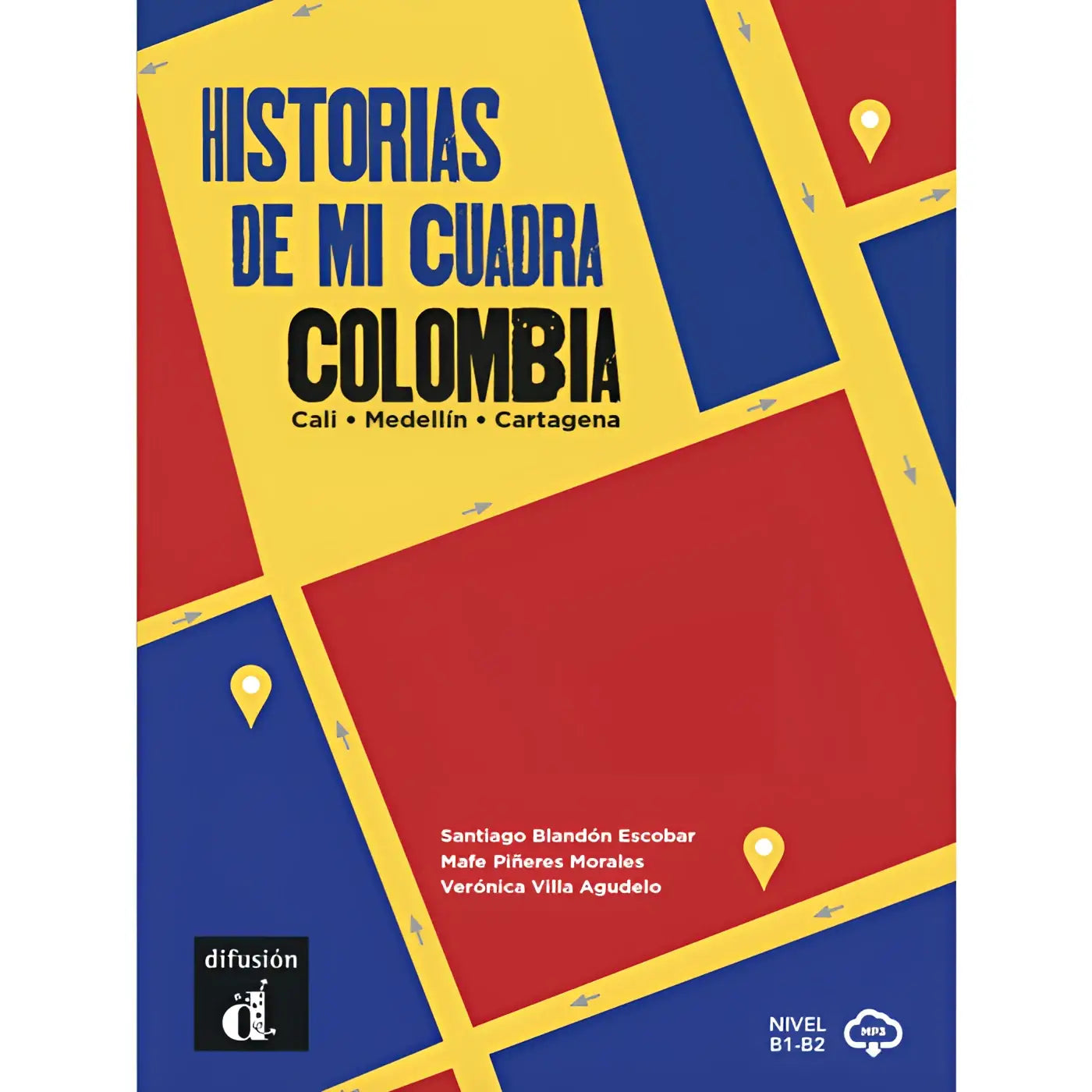 Voordelige rode en blauwe geometrische omslag van het boek historias de mi cuadra colombia door santiago blandón escobar met gele lijnen en locatiepictogrammen gericht op sociale leven en drie verhalen