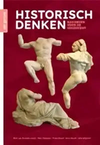 De cover van historisch denken heeft een rode achtergrond met zwarte letters en drie witte marmeren beelden in dynamische poses