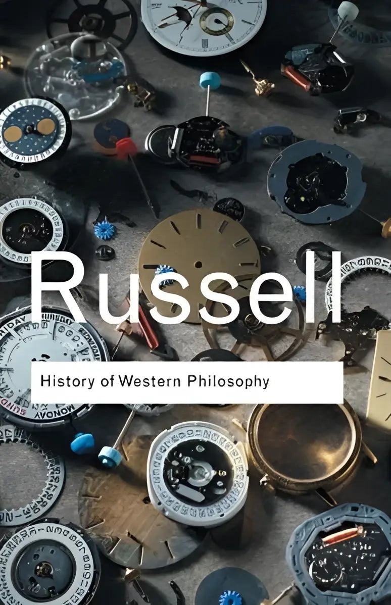 Het boek history of western philosophy van russell met een moderne voorkant en wijzerplaten als achtergrond