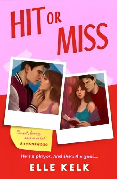De cover van het boek hit or miss door elle kelt toont twee polaroidachtige romantische illustraties op een rode achtergrond, ideaal voor junior year abroad en enemies to lovers fans