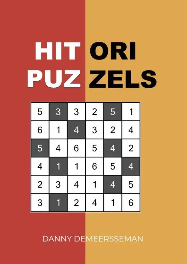 De cover van hitori puzzels toont een zwart-wit sudoku grid op een gedeelde rode en oranje achtergrond