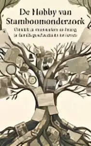 Vintage stijl boekomslag met zwart-witte botanische illustraties en titel de huisboerderij voor stamboomonderzoek