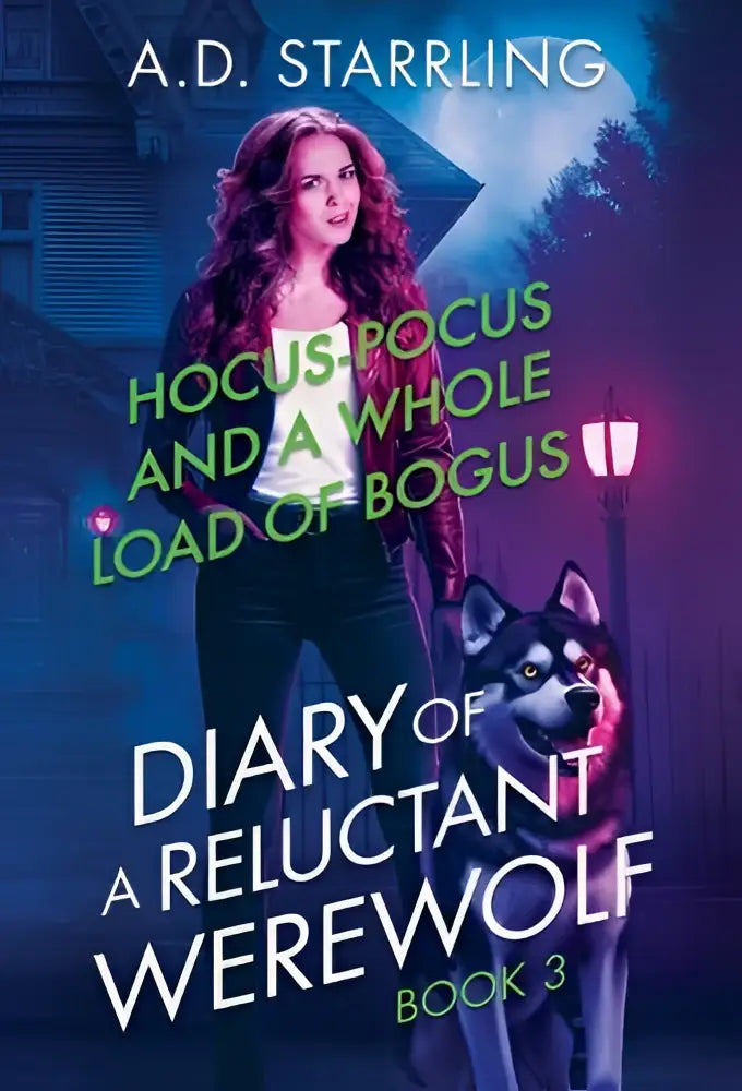 De boekomslag van hocus-pocus and a whole load of bogus toont een vrouw met rood haar naast een husky met roze markeringen