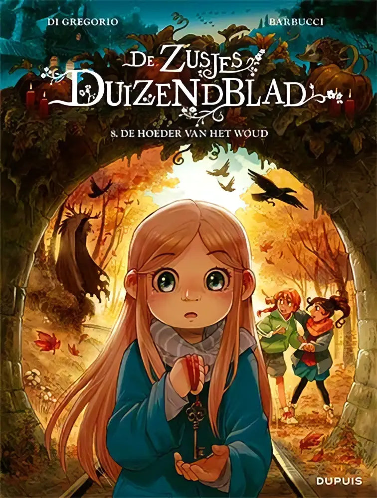 De cover van de zuisjes duizendblad door giovanni di gregorio toont een meisje in blauwe jas met sleutel in herfstbos