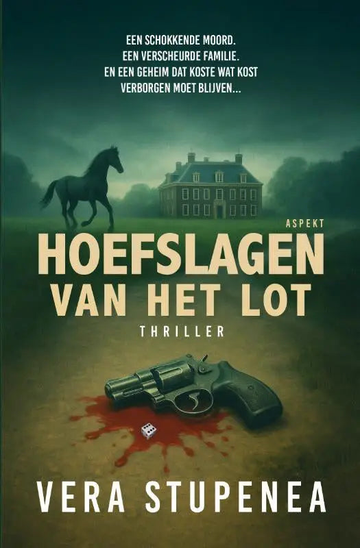 Een zwarte revolver met zilverkleurige loop ligt naast een rode bloedvlek en een witte dobbelsteen bij hoefslagen van het lot