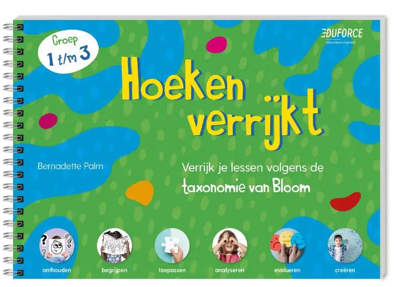 Groen en blauw spiraalgebonden workbook met kleurrijke abstracte patronen getiteld hoeken verrijkt van bernadette palm