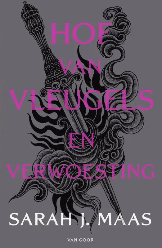 Boekomslag van hof van vleugels en verwoesting met zwart witte illustratie van twee sierlijke zwaarden en roze titel