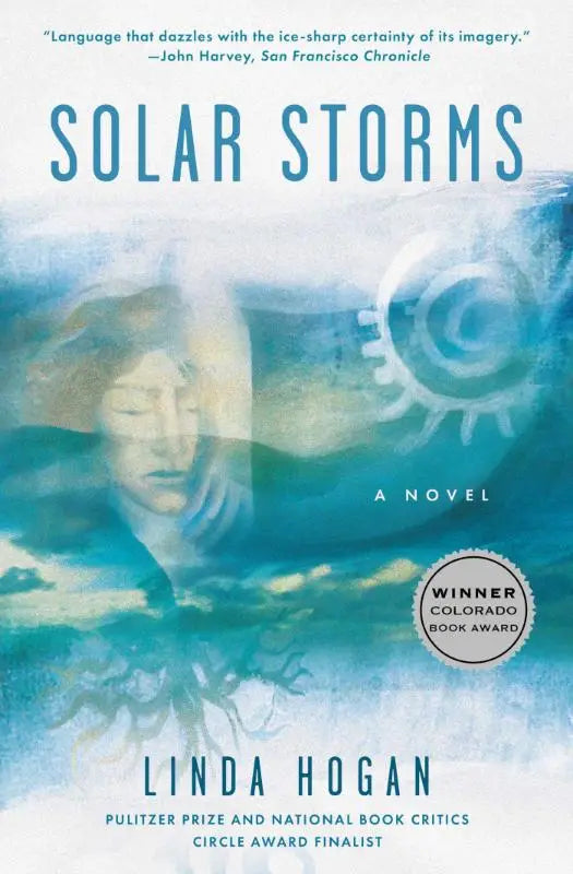 The book cover for Solar Storms by Linda Hogan features a blue and teal watercolor face and sun illustration